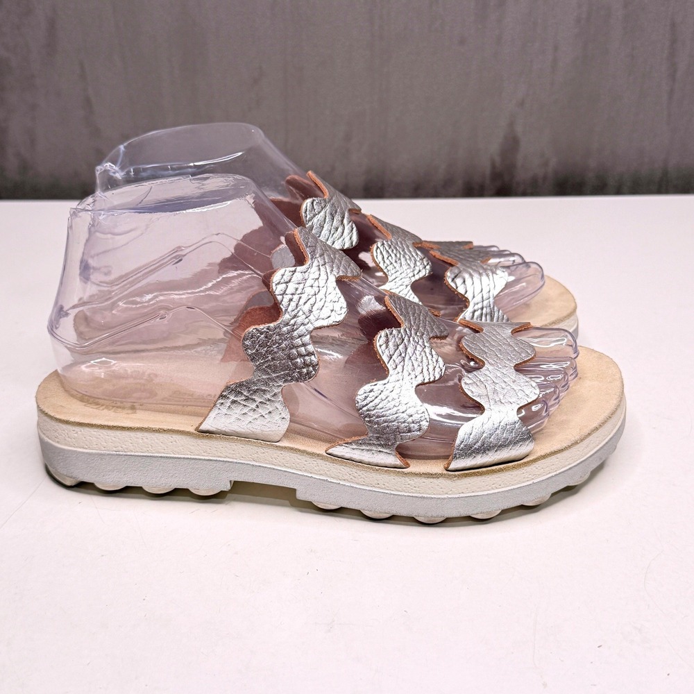 Fantasy Sandals Scalloped Slide Women 37 Silver Metallic Leather Comfort Greece